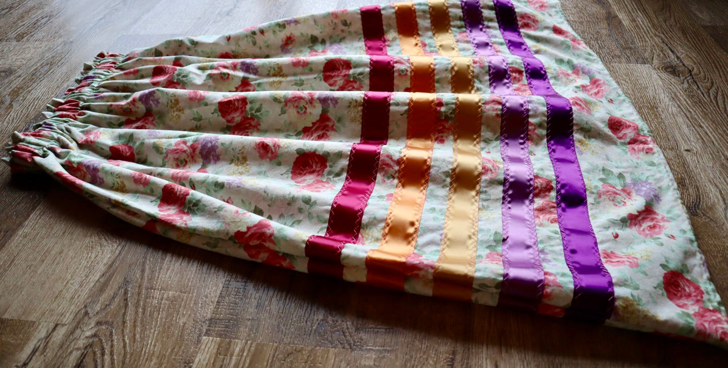Handmade Ceremony, Casual Ribbon Skirt: Amethyst to Maroon Ombre, Cream Rose Floral Print, Custom Waist *up to 50 inches* (enter desired sizes waist size “inches” or Dress/Pants size in order notes)