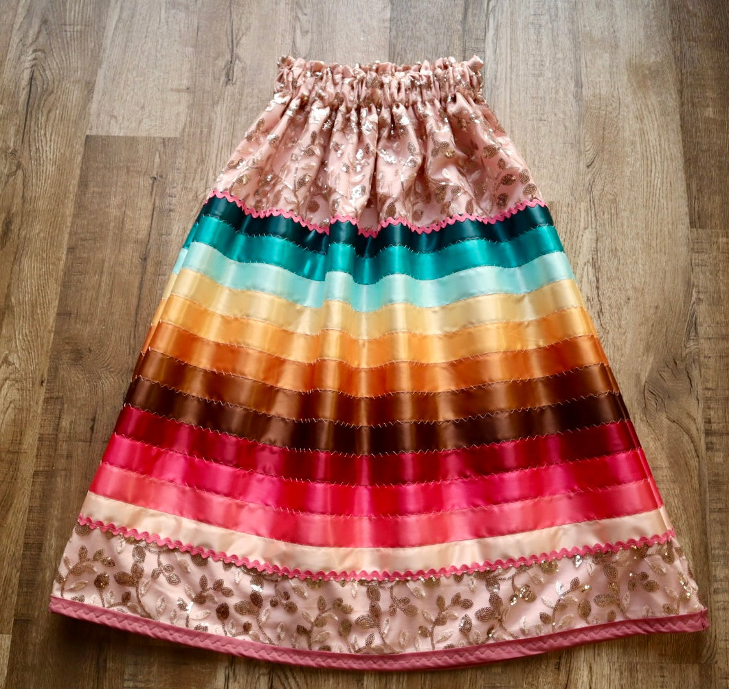 Couture Stacked Ribbon Skirt Pockets Womens Sequin Floral Lace Turquoise Pink Tone Ombre RicRac Cotton OOAK Indigenous HandMade *up to 50 inches* (enter desired sizes waist size “inches” or Dress/Pants size in order notes)
