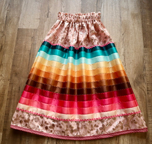 Couture Stacked Ribbon Skirt Pockets Womens Sequin Floral Lace Turquoise Pink Tone Ombre RicRac Cotton OOAK Indigenous HandMade *up to 50 inches* (enter desired sizes waist size “inches” or Dress/Pants size in order notes)