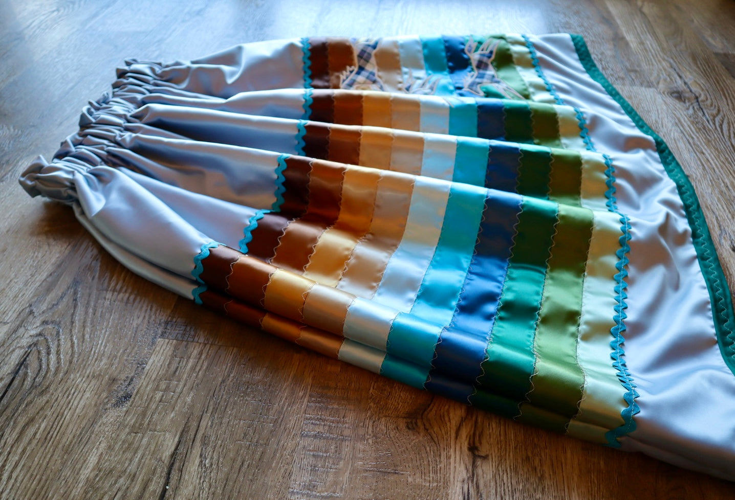 Couture Embroidered Stacked Pony Ribbon Skirt Pockets Womens Pale Blue Satin Earth Tones Ombre OOAK Indigenous HandMade *up to 50 inches* (enter desired sizes waist size “inches” or Dress/Pants size in order notes)