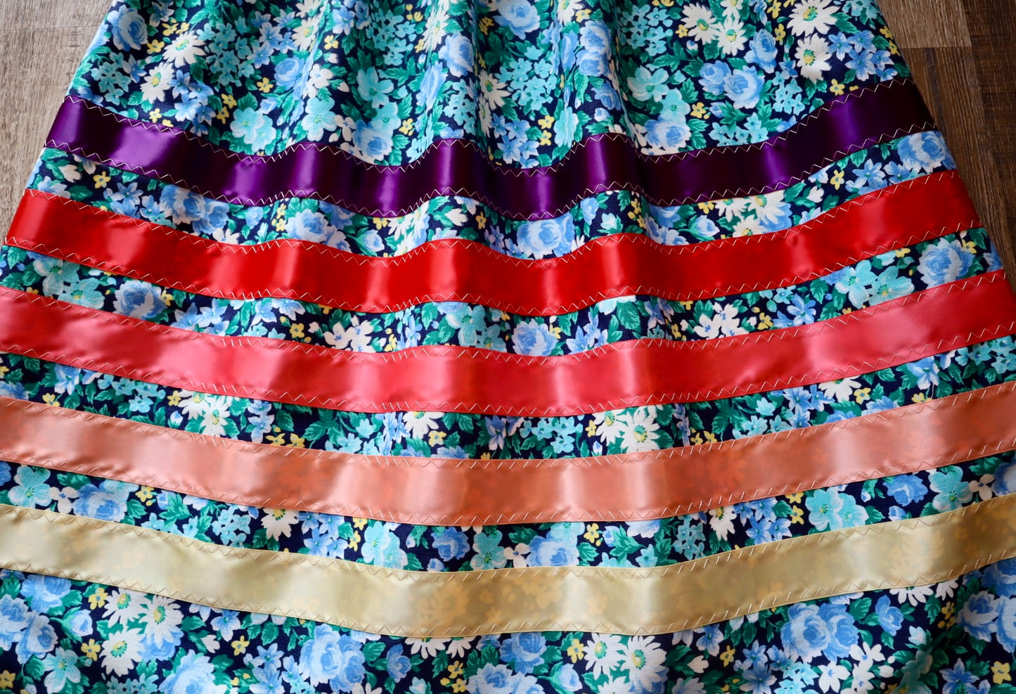 Handmade Ceremony, Casual Ribbon Skirt: Fire Tones, Blue Floral Print, Custom Waist *up to 50 inches* (enter desired sizes waist size “inches” or Dress/Pants size in order notes)
