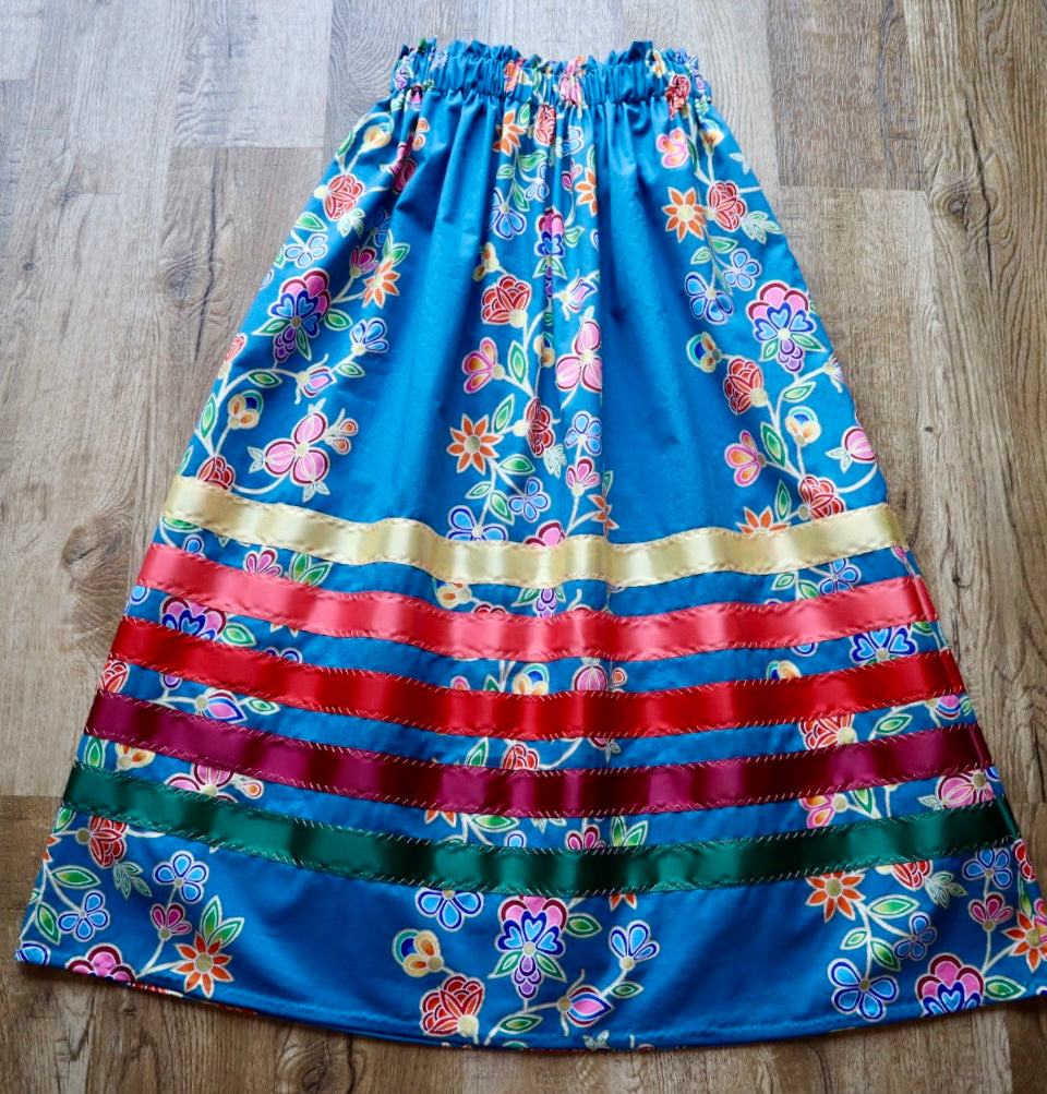 Handmade Ceremony, Casual Ribbon Skirt: Fire Tone Ombre, Blue Indigenous Floral Print, Custom Waist *up to 50 inches* (enter desired sizes waist size “inches” or Dress/Pants size in order notes)