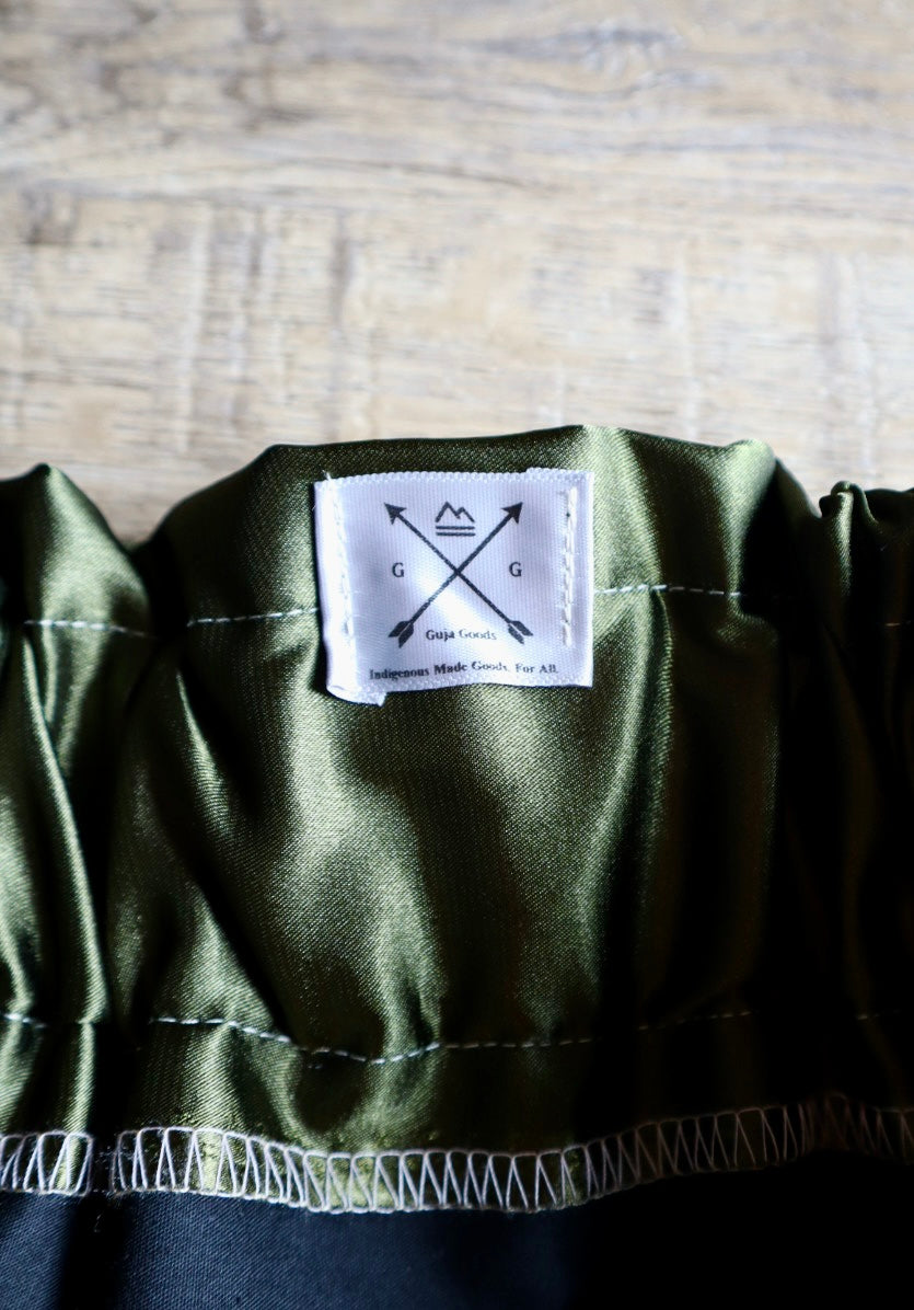 Couture Embroidered Stacked Pony Ribbon Skirt Pockets Womens Dark Olive Satin Earth Tones Ombre OOAK Indigenous HandMade *up to 50 inches* (enter desired sizes waist size “inches” or Dress/Pants size in order notes)