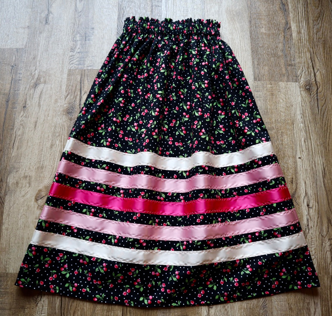 Handmade Ceremony, Casual Ribbon Skirt: Ivory to Pink Ombre, Black Cherry Print, Custom Waist *up to 50 inches* (enter desired sizes waist size “inches” or Dress/Pants size in order notes)