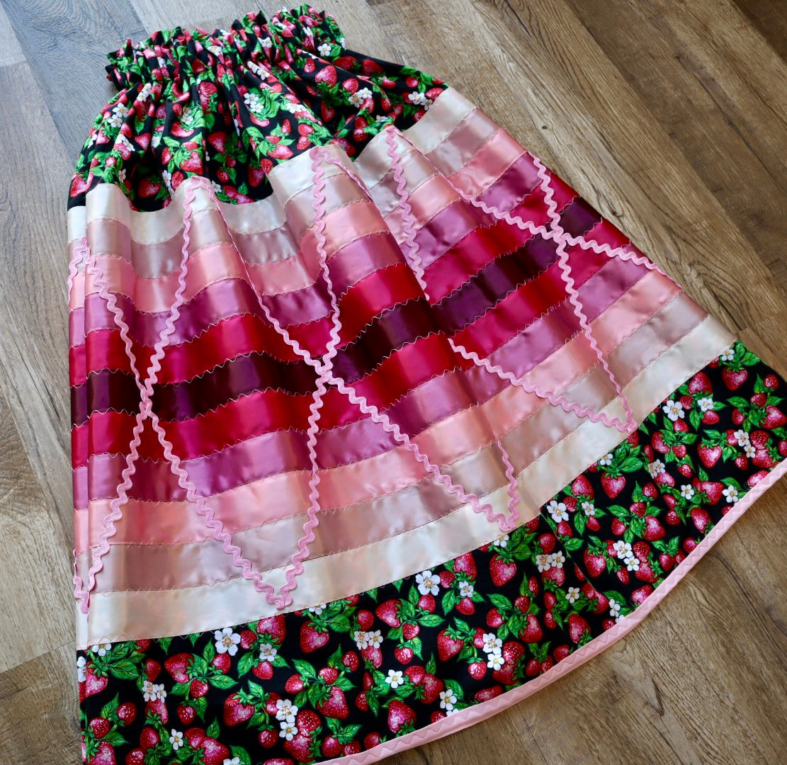 Couture Stacked Ribbon Pocket Womens RicRac Black Strawberry Floral Print Premium Cotton Cream Ombre OOAK Indigenous HandMade CustomWaist *up to 50 inches* (enter desired sizes waist size “inches” or Dress/Pants size in order notes)