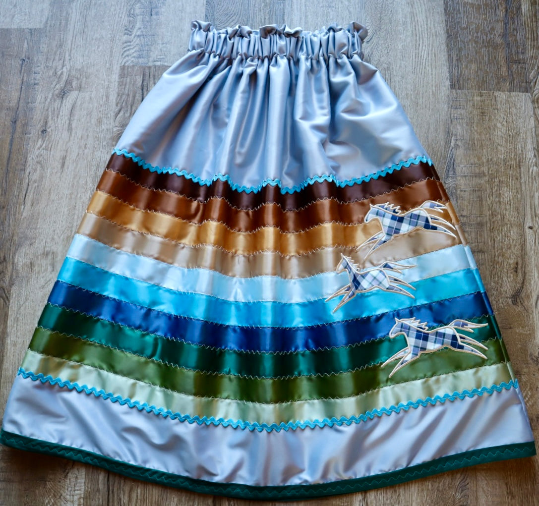 Couture Embroidered Stacked Pony Ribbon Skirt Pockets Womens Pale Blue Satin Earth Tones Ombre OOAK Indigenous HandMade *up to 50 inches* (enter desired sizes waist size “inches” or Dress/Pants size in order notes)
