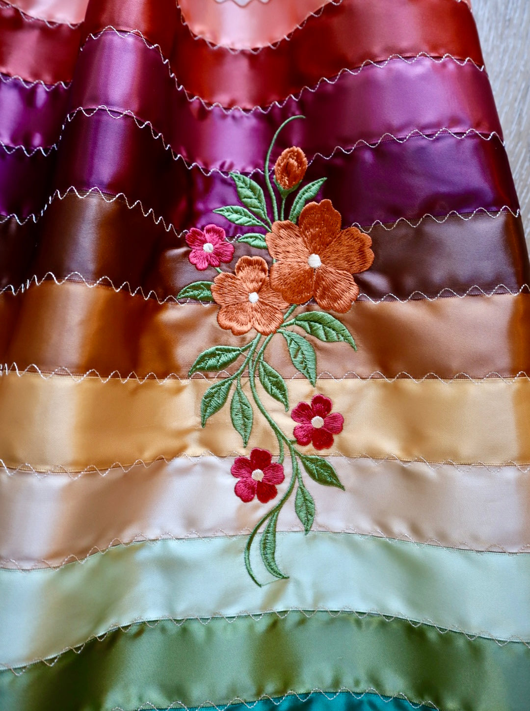 Couture Embroidered Floral Stacked Ribbon Skirt Pockets Womens Copper Satin Earth Tones Ombre OOAK Indigenous HandMade *up to 50 inches* (enter desired sizes waist size “inches” or Dress/Pants size in order notes)
