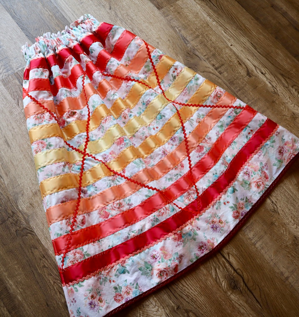 Couture Ribbon Pockets Womens Ruby Ombre Zigzag RicRac Ivory Floral Print Premium Cotton OOAK Indigenous HandMade Clothing CustomWaist *up to 50 inches* (enter desired waist size “inches” or Dress/Pants size in order notes)