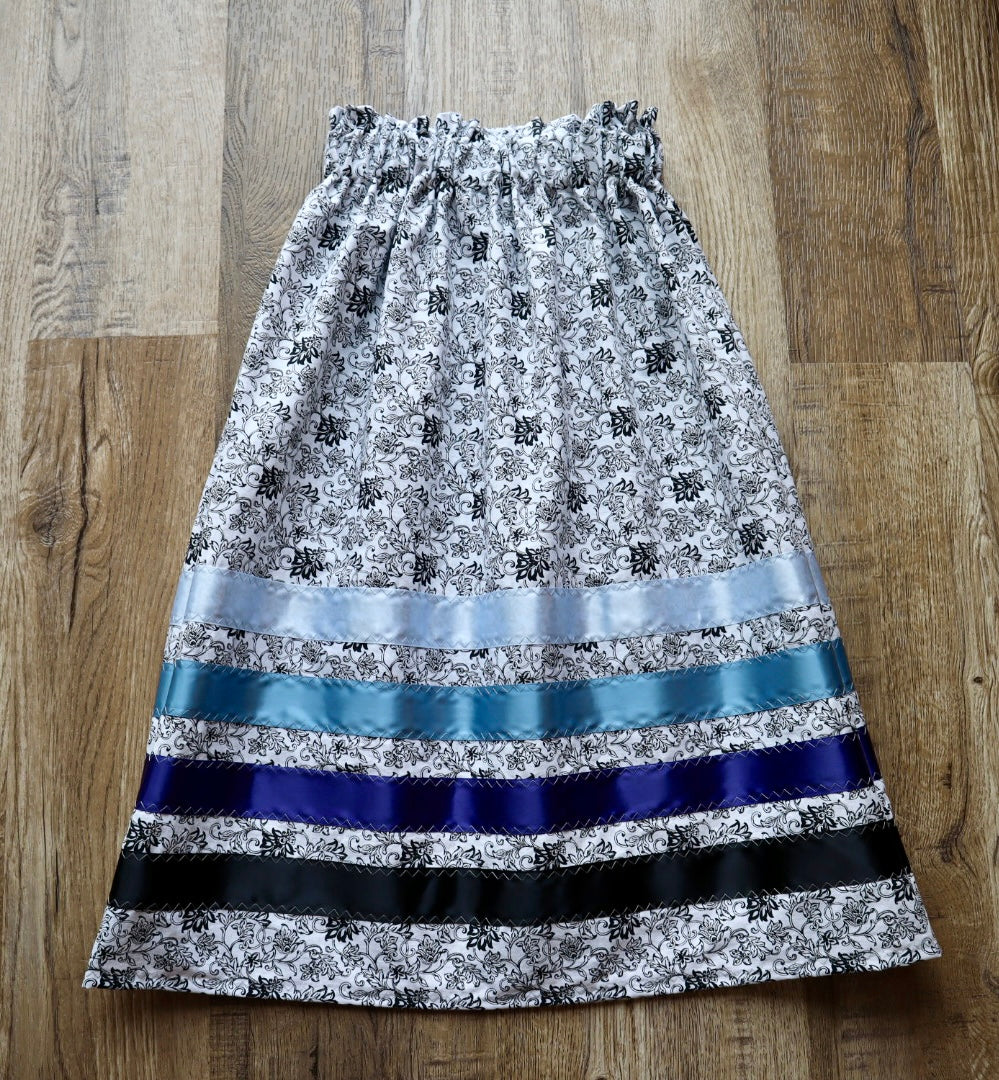 Handmade Ribbon Skirt, Youth Size 7-9 White Floral Print Premium Cotton OOAK Indigenous Made Clothing