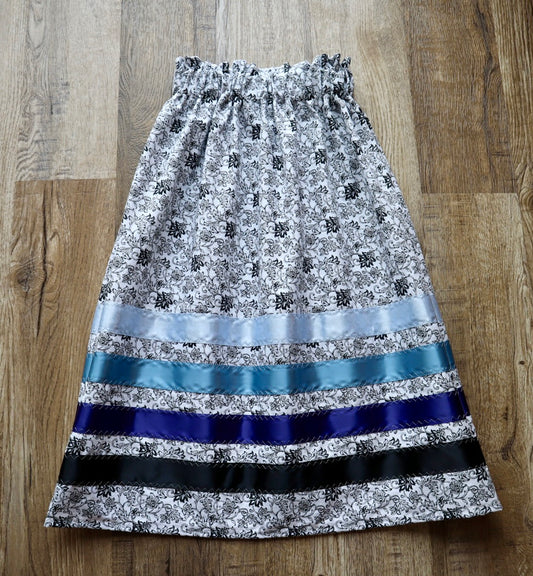 Handmade Ribbon Skirt, Youth Size 7-9 White Floral Print Premium Cotton OOAK Indigenous Made Clothing