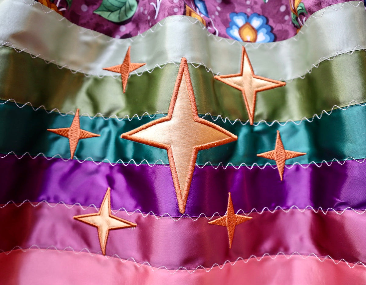 Couture Embroidered Star & Bear Stacked Ribbon Skirt Pockets Womens Dusty Rose Floral Cotton  Earth Tones Ombre OOAK Indigenous HandMade *up to 50-53 inches* (enter desired sizes waist size “inches” or Dress/Pants size in order notes)