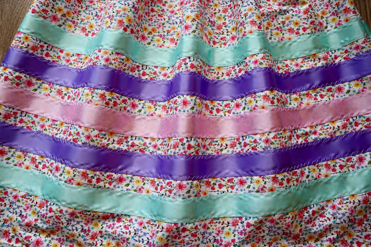 Handmade Ceremony, Casual Ribbon Skirt: Pastel Tones, Ivory and Pink Floral Print, Custom Waist *up to 50 inches* (enter desired sizes waist size “inches” or Dress/Pants size in order notes)