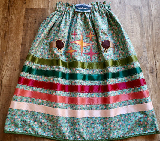 Couture Embroidered Star & Bison Ribbon Skirt Pockets Womens Sage Green Floral Cotton Pink to Green Ombre OOAK Indigenous HandMade *up to 50 inches* (enter desired sizes waist size “inches” or Dress/Pants size in order notes)