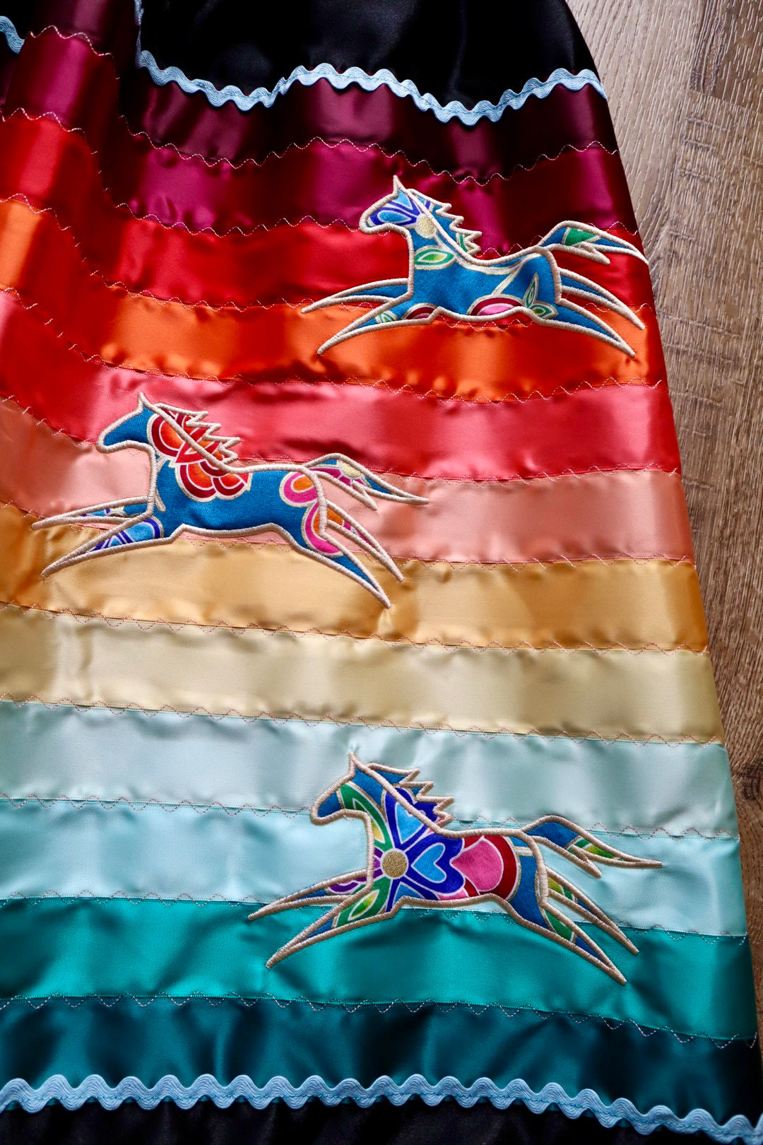Couture Embroidered Stacked Pony Ribbon Skirt Pockets Womens Black Satin Fire Water Tones Ombre OOAK Indigenous HandMade *up to 50 inches* (enter desired sizes waist size “inches” or Dress/Pants size in order notes)