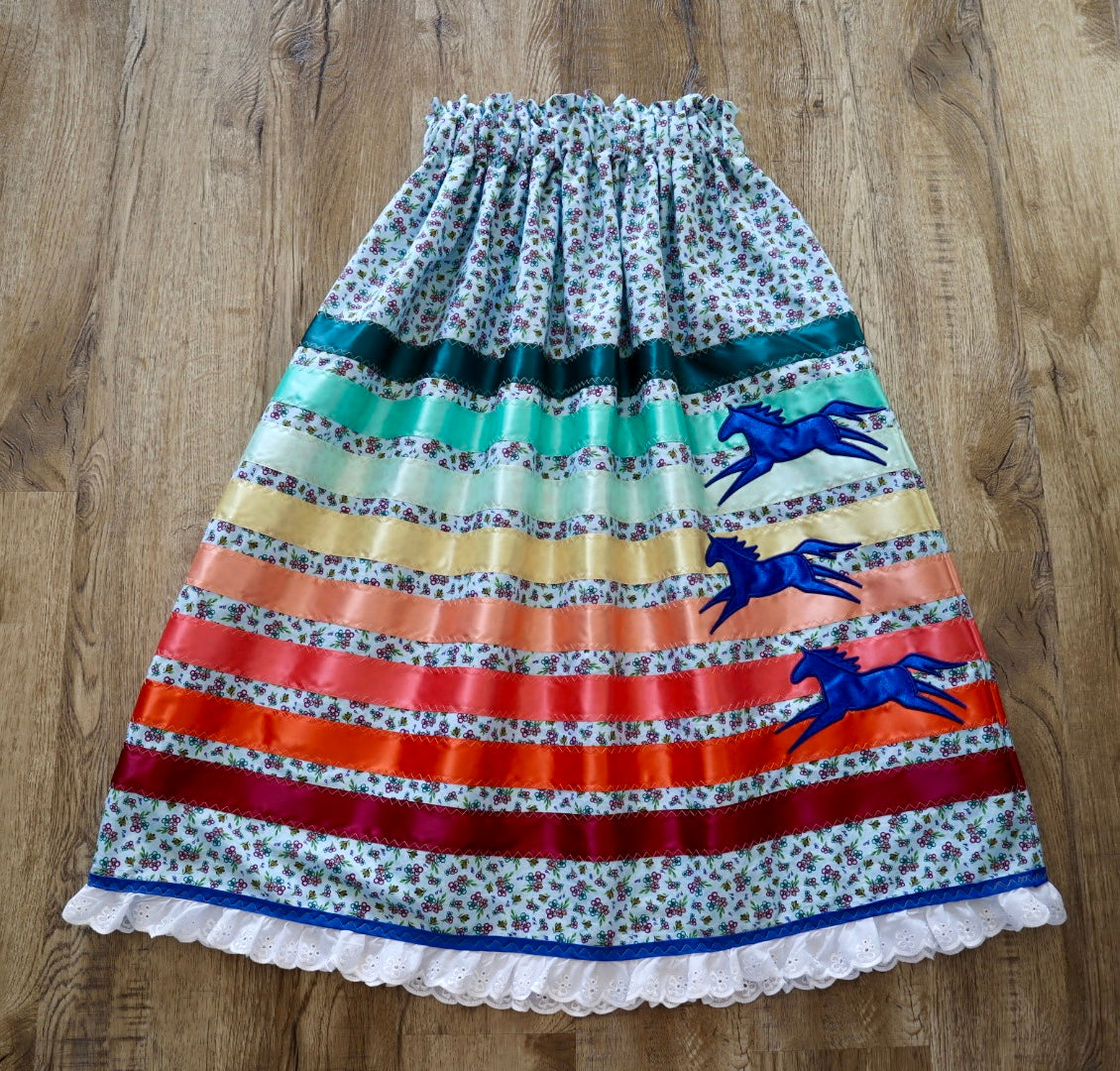 Couture Embroidered Pony Ribbon Skirt Pockets Womens Blue Floral Premium Cotton Fire Water Colours OOAK Indigenous HandMade *up to 50 inches* (enter desired sizes waist size “inches” or Dress/Pants size in order notes)
