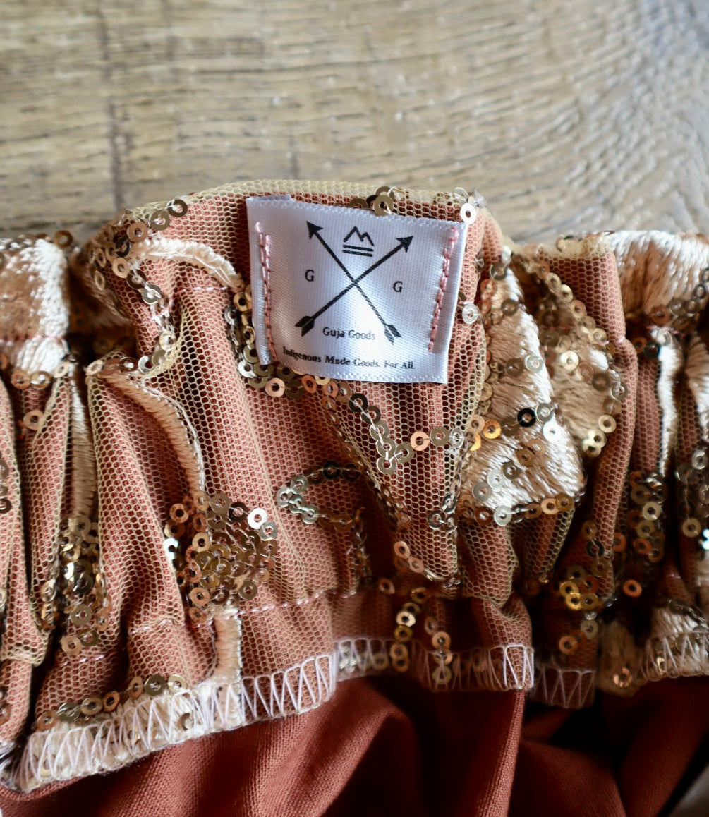 Couture Stacked Ribbon Skirt Pockets Womens Gold Floral Lace Copper Earth Tone Ombre RicRac Cotton OOAK Indigenous HandMade *up to 50 inches* (enter desired sizes waist size “inches” or Dress/Pants size in order notes)