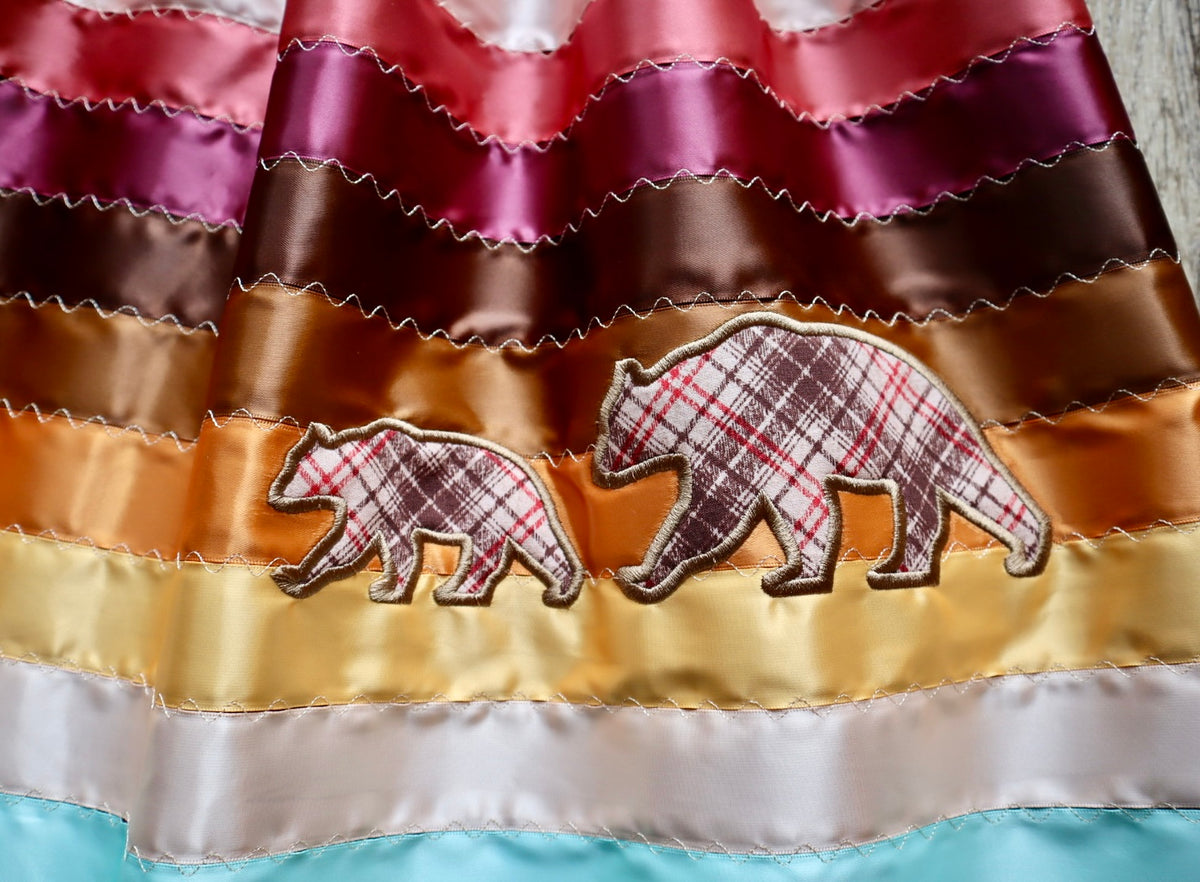 Couture Embroidered Stacked Mama Bear & Cub Ribbon Skirt Pockets Womens Maroon Satin Gold Ombre OOAK Indigenous HandMade *up to 50 inches* (enter desired sizes waist size “inches” or Dress/Pants size in order notes)