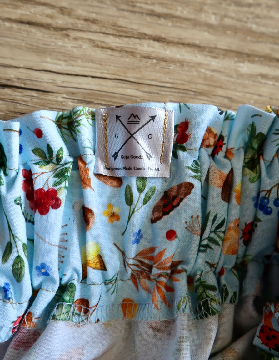 Couture Appliqué Ribbon Skirt Red Fox Pockets Womens Woods Floral Sky Blue Print Premium Cotton OOAK Indigenous HandMade Clothing CustomWaist *up to 50 inches* (enter desired waist size “inches” or Dress/Pants size in order notes)
