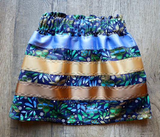 Handmade Infant Ribbon Skirt: Gold and Blue Floral Cotton, 6-12M