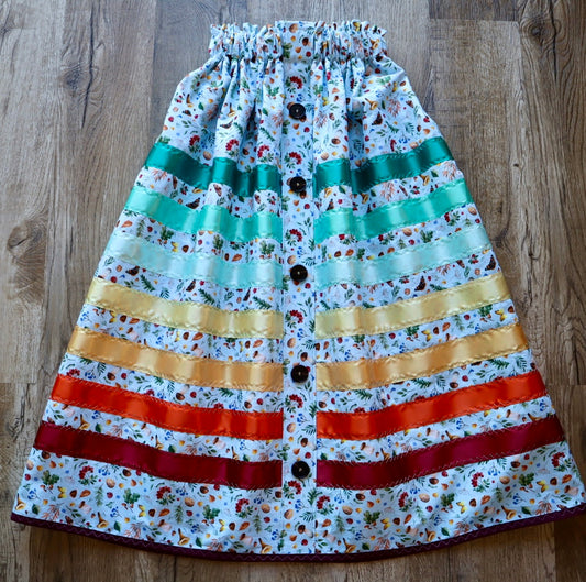 Couture Ribbon Skirt:  Sky Blue Floral Cotton, with Buttons. Fire Water Ombre Custom Waist *up to 50 inches* (enter desired sizes waist size “inches” or Dress/Pants size in order notes)