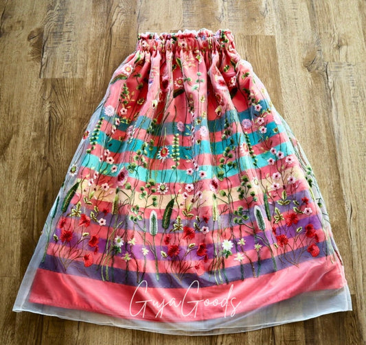 Couture Embroidered Floral Lace Ribbon Skirt, Handmade Coral Satin Overlay *up to 50 inches* (enter desired sizes waist size “inches” or Dress/Pants size in order notes)