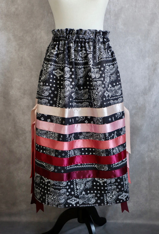 Couture Ribbon Skirt Pockets Side Fringe Womens, Black Bandana Print Premium Cotton, Red Ombre OOAK Indigenous HandMade Clothing CustomWaist