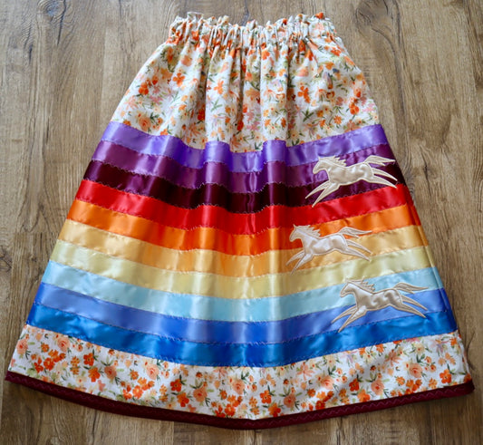 Couture Embroidered Stacked Pony Ribbon Skirt Pockets Womens Floral Cotton Rainbow Ombre OOAK Indigenous HandMade *up to 50 inches* (enter desired sizes waist size “inches” or Dress/Pants size in order notes)