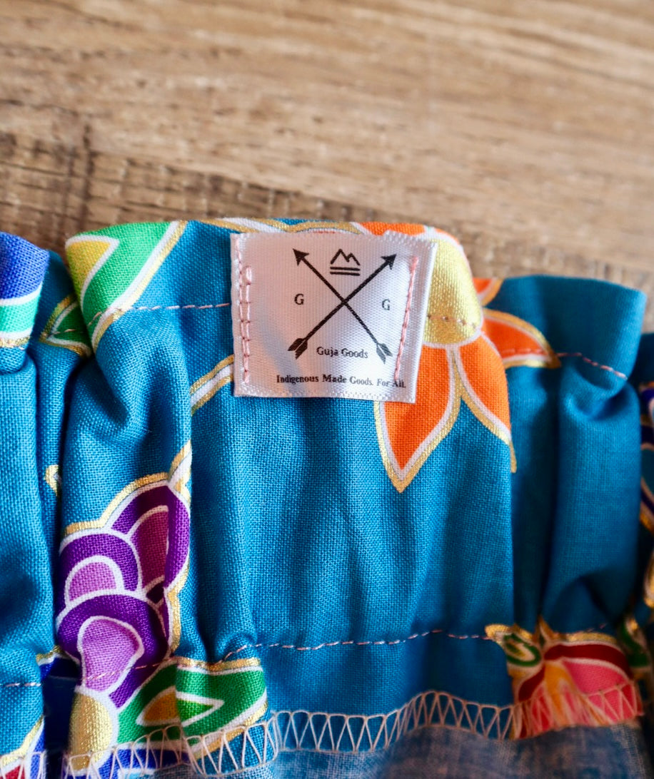 Handmade Ceremony, Casual Ribbon Skirt: Jewel Tones, Blue Floral Print, Custom Waist *up to 50 inches* (enter desired sizes waist size “inches” or Dress/Pants size in order notes)