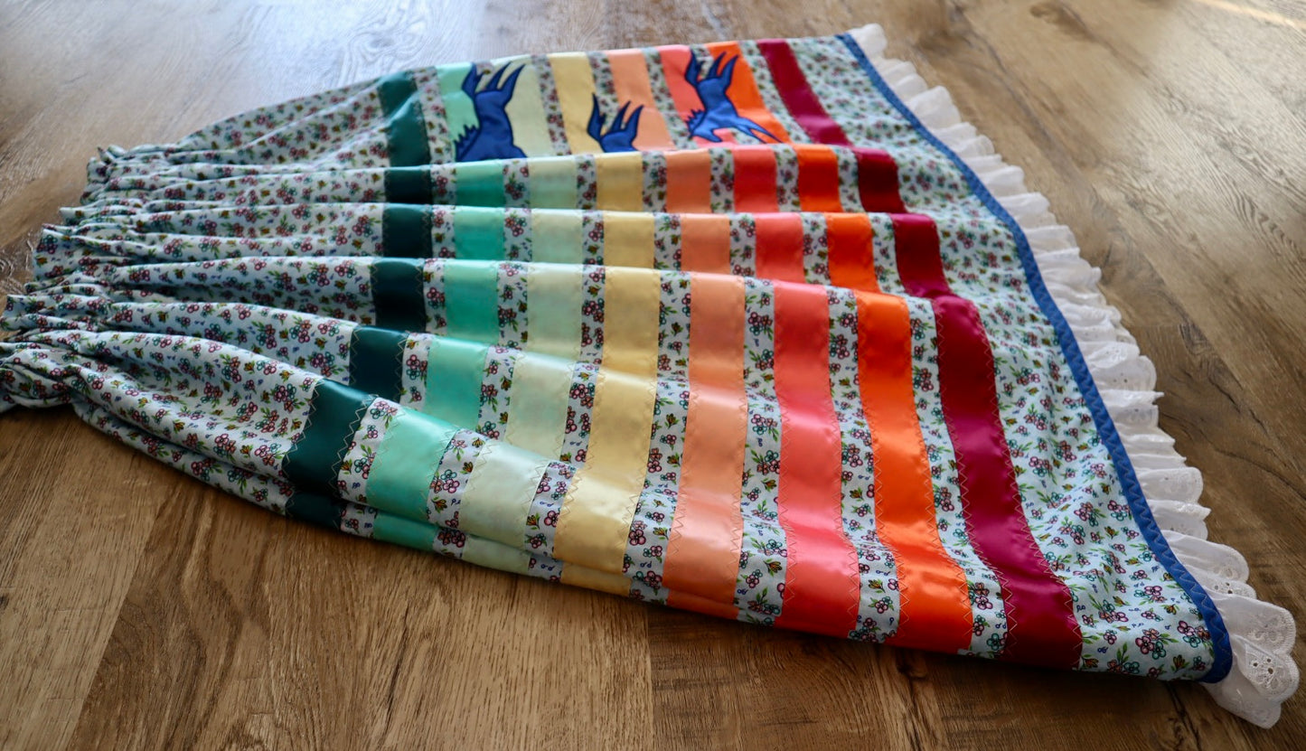 Couture Embroidered Pony Ribbon Skirt Pockets Womens Blue Floral Premium Cotton Fire Water Colours OOAK Indigenous HandMade *up to 50 inches* (enter desired sizes waist size “inches” or Dress/Pants size in order notes)