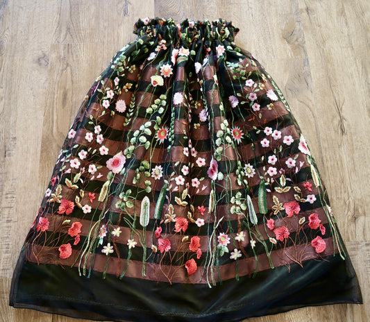 Couture Overlay Ribbon Skirt Women’s Black Embroidered Floral Lace Olive Green Satin Indigenous HandMade Clothing Custom Waist *up to 50 inches* (enter desired waist size “inches” or Dress/Pants size in order notes)