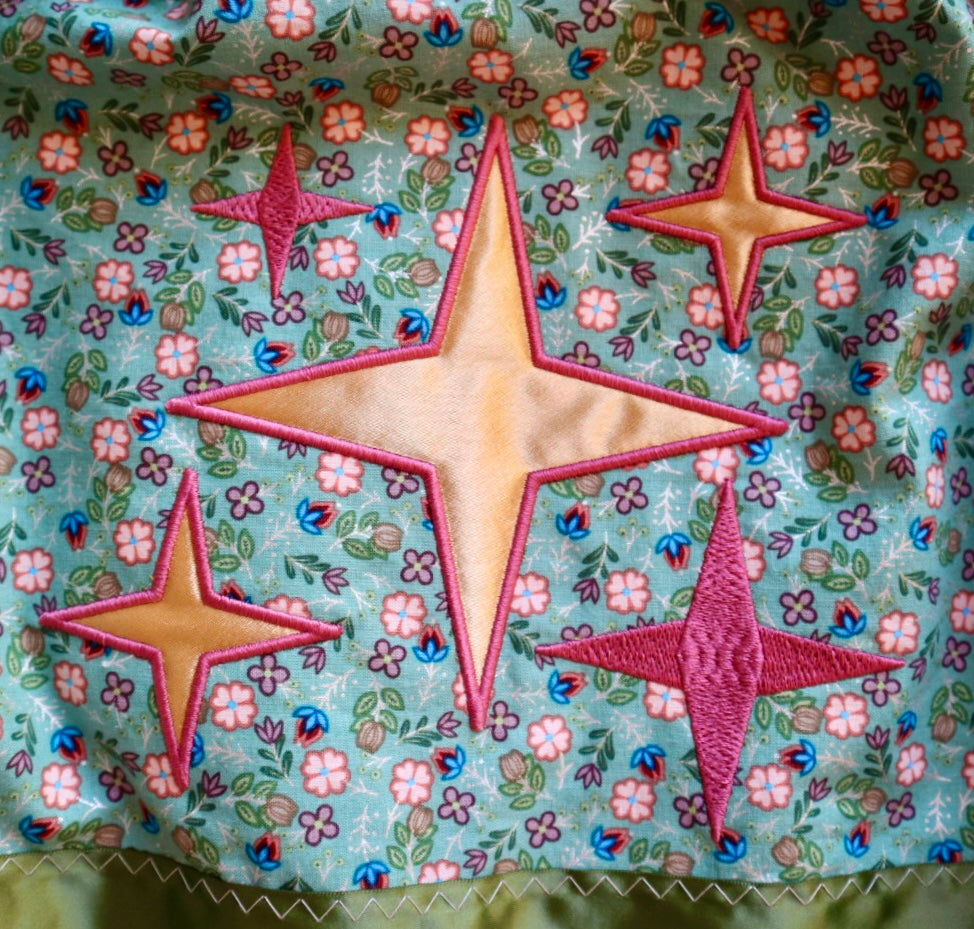 Couture Embroidered Star & Bison Ribbon Skirt Pockets Womens Sage Green Floral Cotton Pink to Green Ombre OOAK Indigenous HandMade *up to 50 inches* (enter desired sizes waist size “inches” or Dress/Pants size in order notes)
