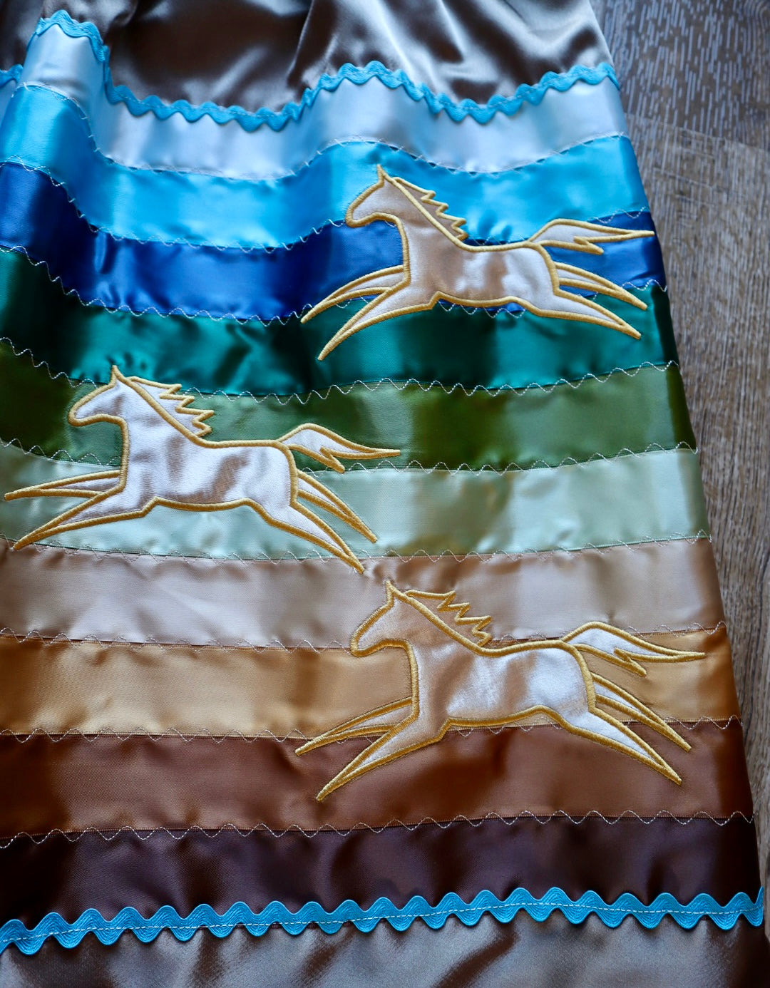 Couture Embroidered Stacked Pony Ribbon Skirt Pockets Womens Light Mocha Satin Earth Tones Ombre OOAK Indigenous HandMade *up to 50 inches* (enter desired sizes waist size “inches” or Dress/Pants size in order notes)