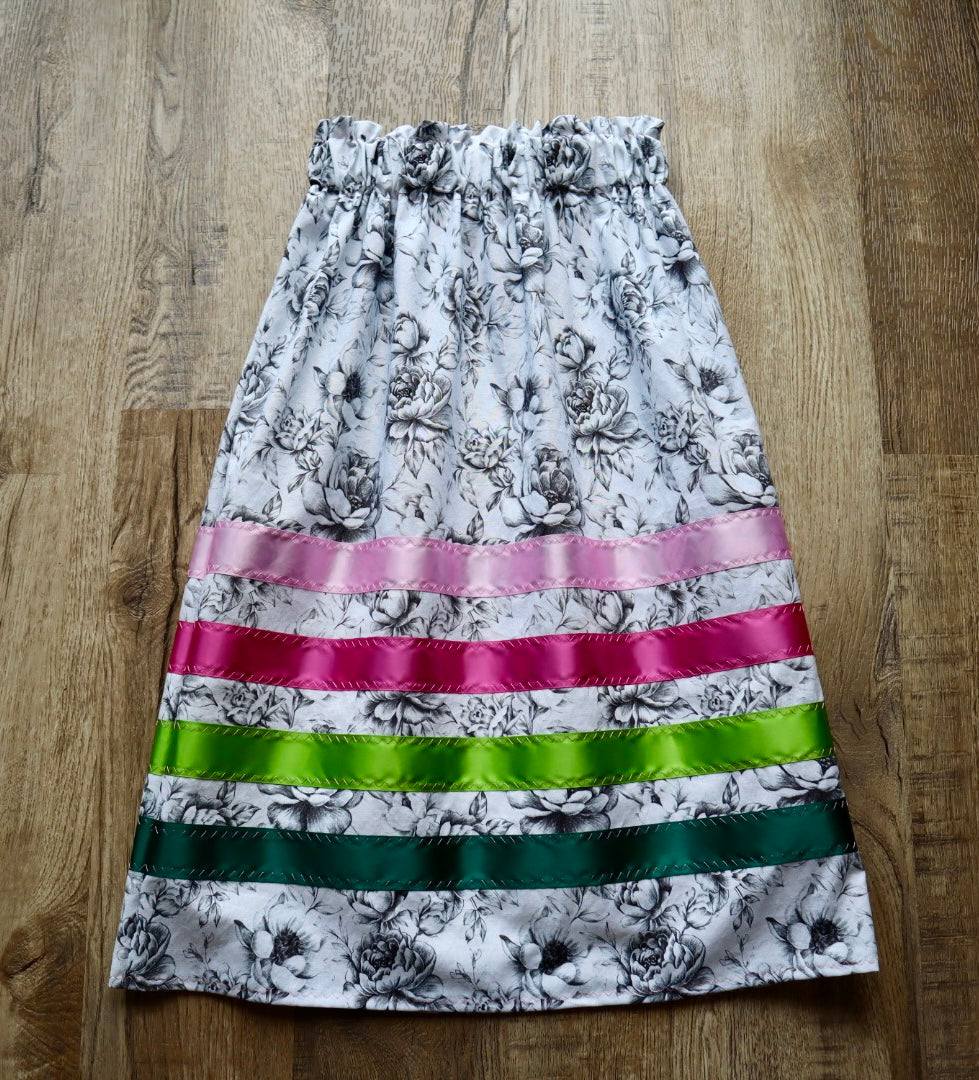 Handmade Ribbon Skirt, Youth Size 7-9 Black and White Floral Print Premium Cotton Green Pink Ombre OOAK Indigenous Made Clothing