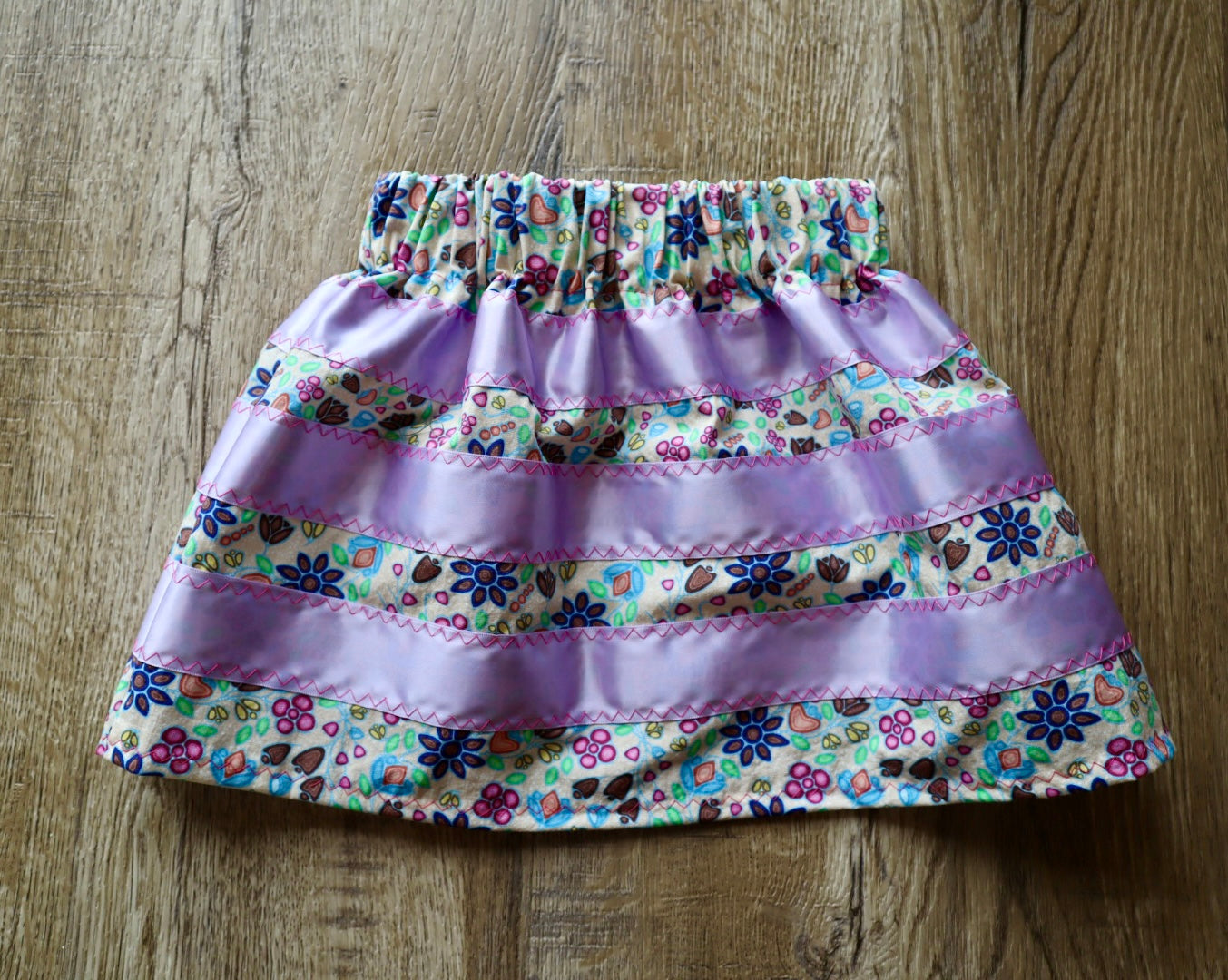 Handmade Infant/Toddler Ribbon Skirt, 6M- 12M Ivory Ojibway Floral Print Premium Cotton, OOAK Indigenous Made Clothing