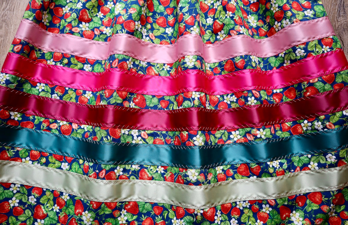 Handmade Ceremony, Casual Ribbon Skirt: Green to Pink Ombre, Strawberry Floral Print, Custom Waist *up to 50 inches* (enter desired sizes waist size “inches” or Dress/Pants size in order notes)
