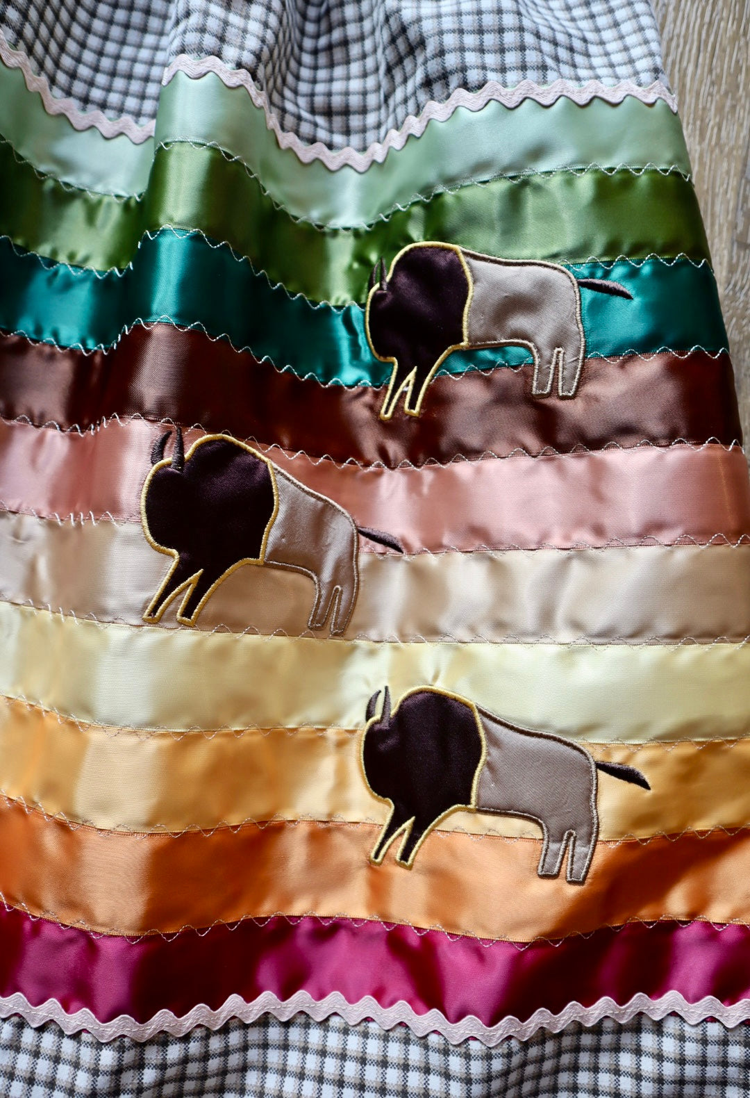Couture Embroidered Stacked Bison Ribbon Skirt Pockets Womens Cream Plaid Cotton Earth Tones Ombre OOAK Indigenous HandMade *up to 50 inches* (enter desired sizes waist size “inches” or Dress/Pants size in order notes)