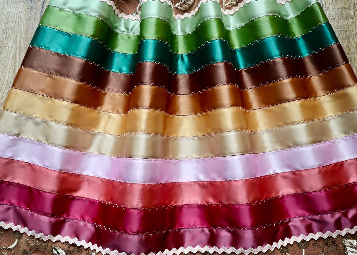 Couture Stacked Ribbon Skirt Pockets Womens Gold Floral Lace Copper Earth Tone Ombre RicRac Cotton OOAK Indigenous HandMade *up to 50 inches* (enter desired sizes waist size “inches” or Dress/Pants size in order notes)