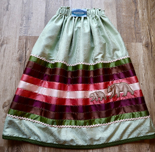 Couture Embroidered Stacked Mama Bear & Cub Ribbon Skirt Pockets Womens Sage Green Satin Earthy Ombre OOAK Indigenous HandMade *up to 50 inches* (enter desired sizes waist size “inches” or Dress/Pants size in order notes)