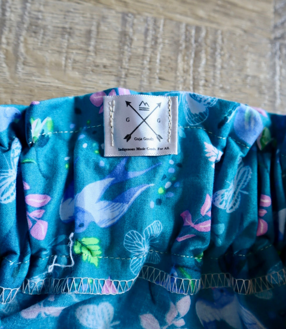 Couture Ribbon Skirt: Teal Butterfly Floral Print Cotton with Buttons *up to 50 inches* (enter desired sizes waist size “inches” or Dress/Pants size in order notes)
