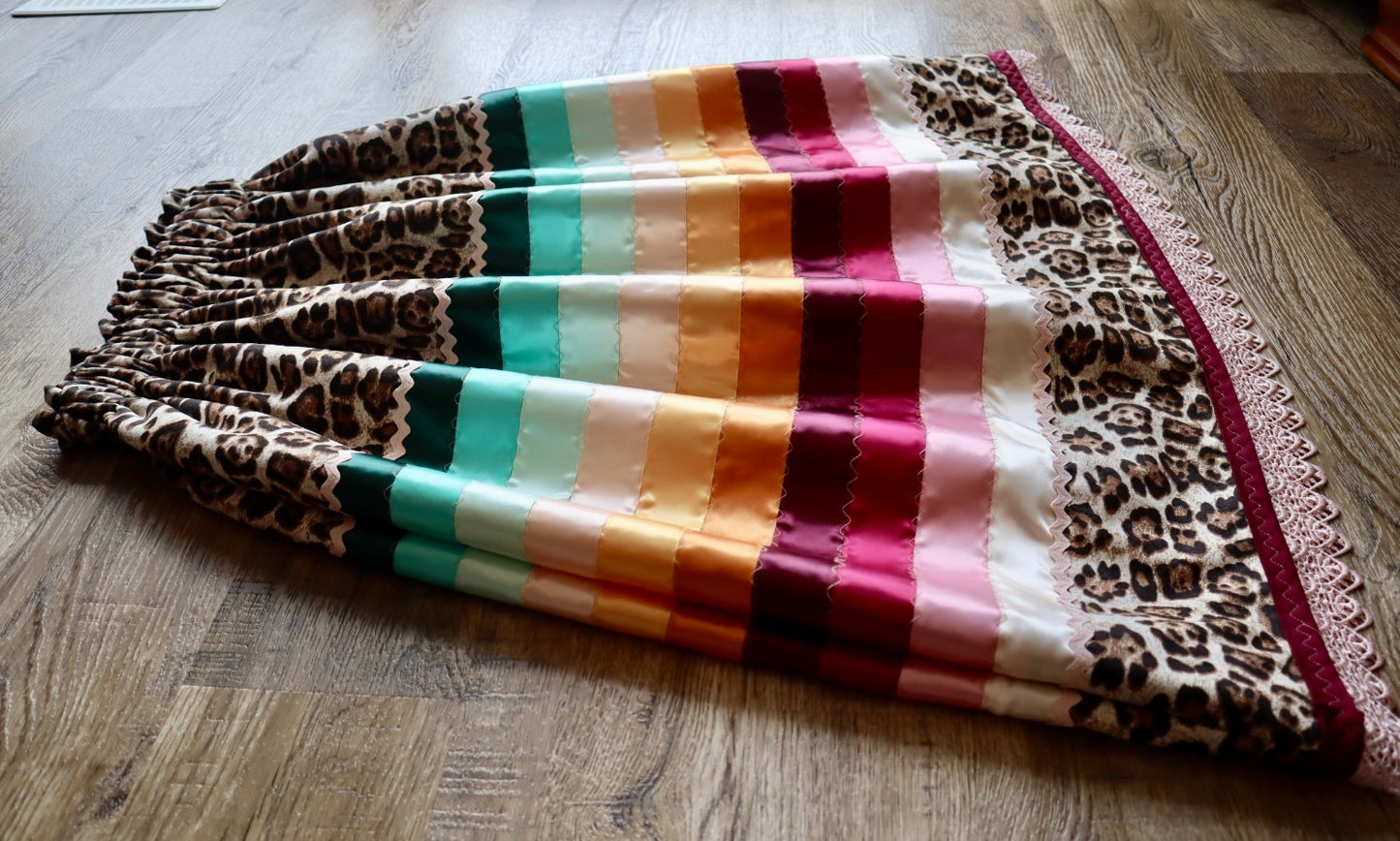 Couture Stacked Ribbon Skirt Pockets Womens Jaguar Print Pink Turquoise Ombre RicRac OOAK Indigenous HandMade *up to 50 inches* (enter desired sizes waist size “inches” or Dress/Pants size in order notes)