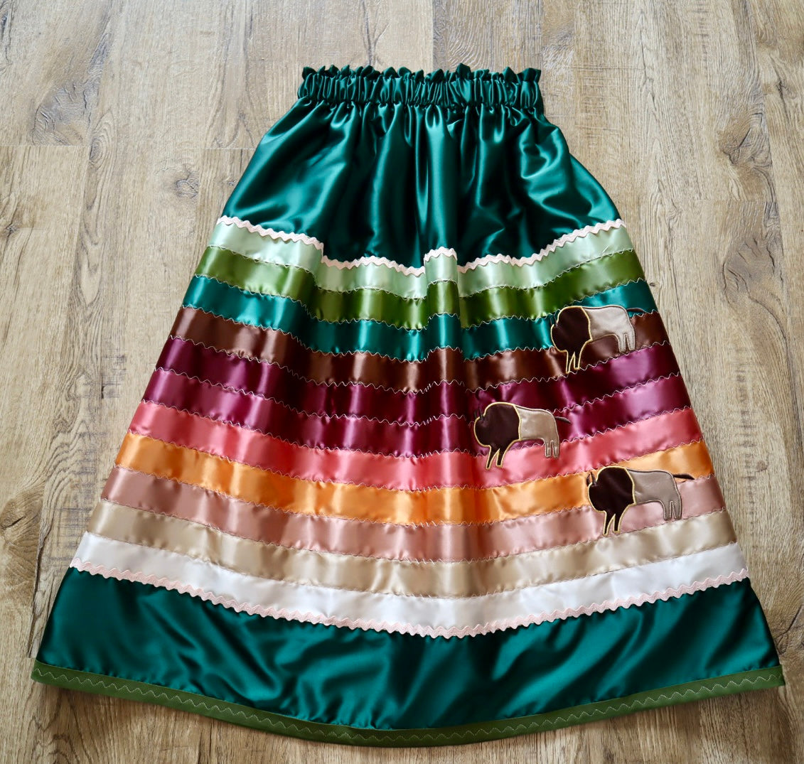 Couture Embroidered Stacked Bison Ribbon Skirt Pockets Womens Emerald Green Satin Earth Tones Ombre OOAK Indigenous HandMade *up to 50 inches* (enter desired sizes waist size “inches” or Dress/Pants size in order notes)