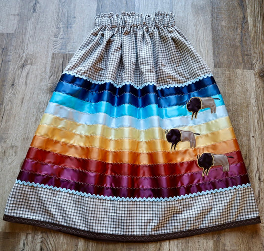 Couture Embroidered Stacked Bison Ribbon Skirt Pockets Womens Cream Plaid Cotton Fire Coloured Ombre OOAK Indigenous HandMade *up to 50 inches* (enter desired sizes waist size “inches” or Dress/Pants size in order notes)