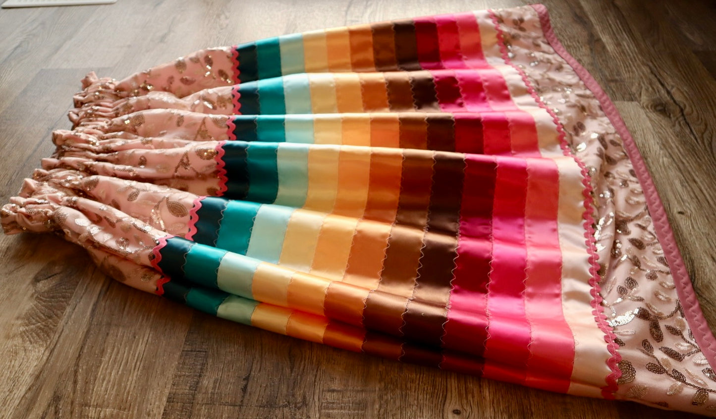 Couture Stacked Ribbon Skirt Pockets Womens Sequin Floral Lace Turquoise Pink Tone Ombre RicRac Cotton OOAK Indigenous HandMade *up to 50 inches* (enter desired sizes waist size “inches” or Dress/Pants size in order notes)