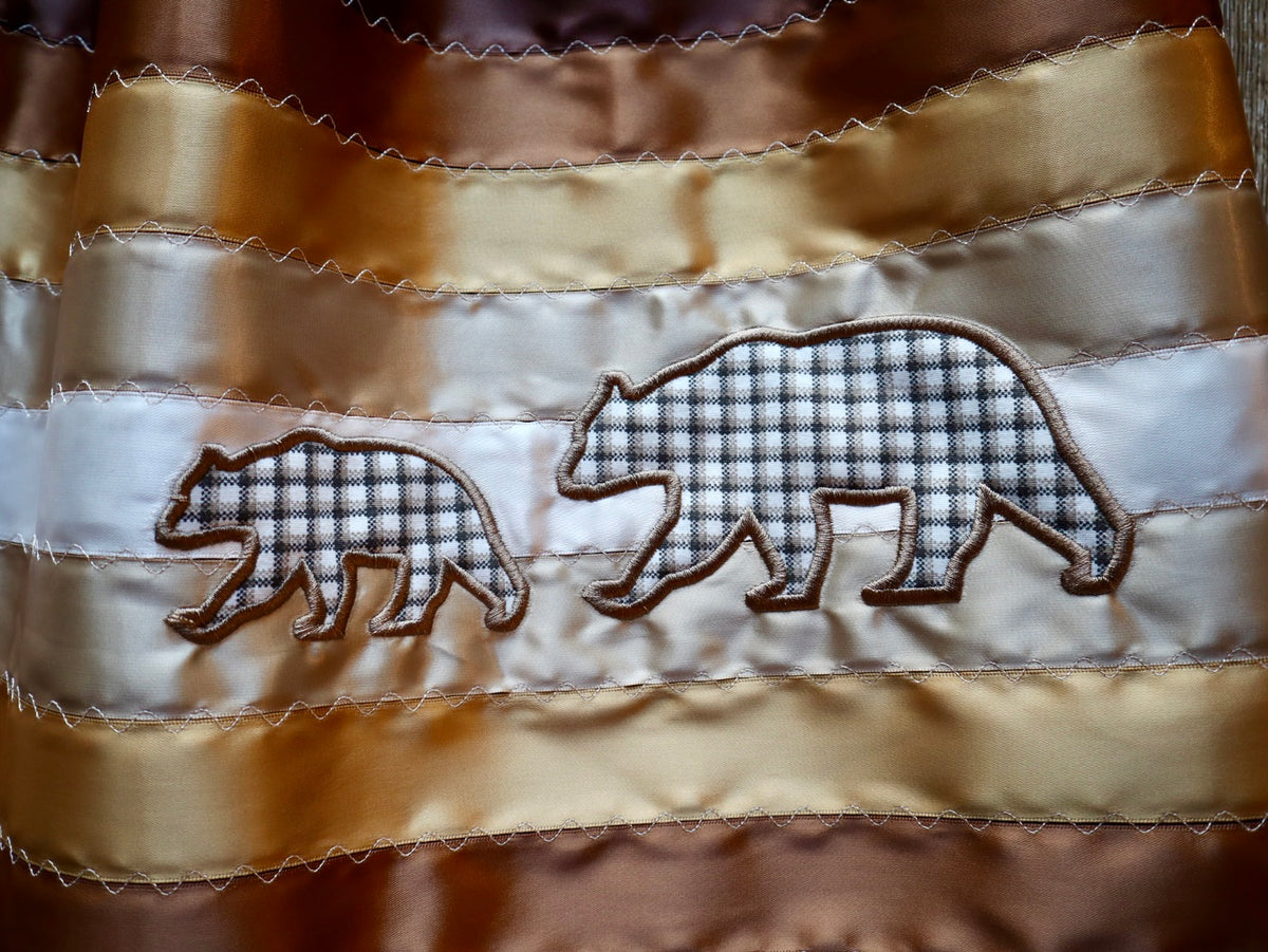 Couture Embroidered Stacked Mama Bear & Cub Ribbon Skirt Pockets Womens Black Cotton Gold Ombre OOAK Indigenous HandMade *up to 50 inches* (enter desired sizes waist size “inches” or Dress/Pants size in order notes)