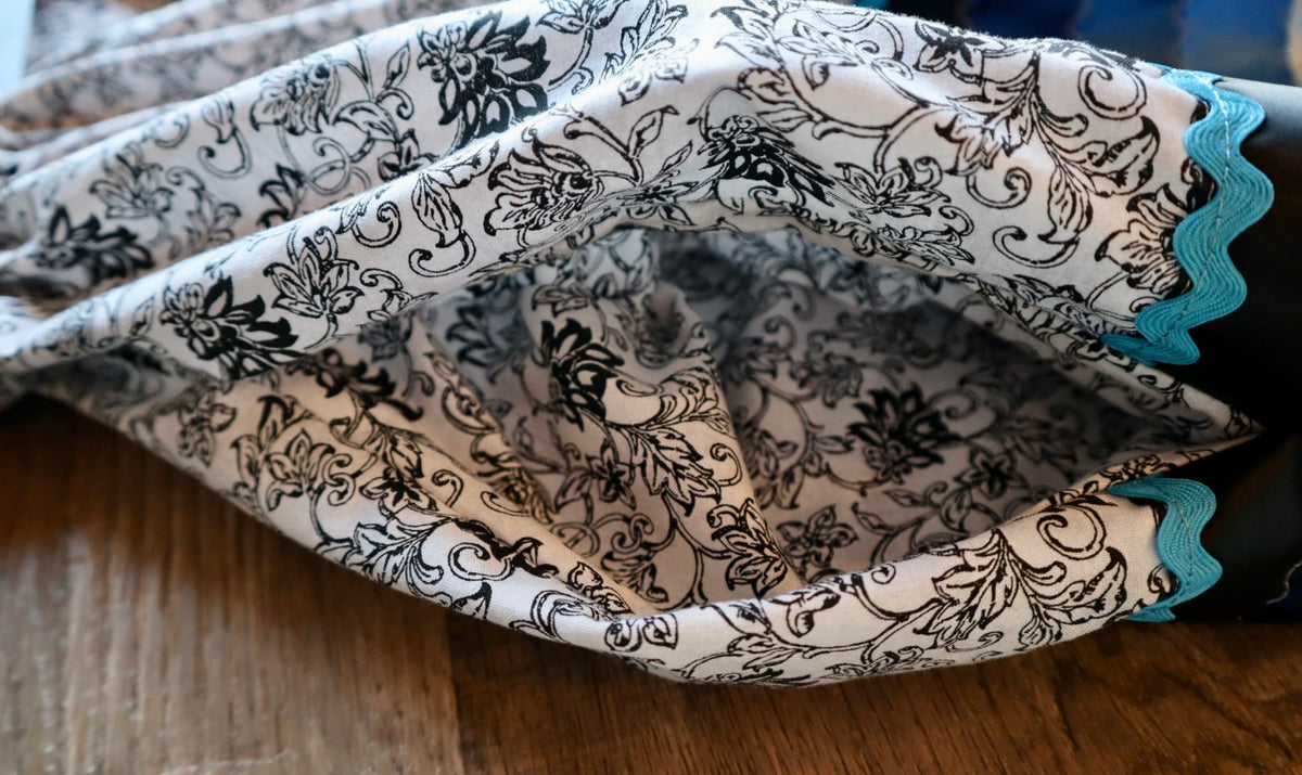 Couture Stacked Ribbon Skirt: Black and White Floral Cotton with Buttons *up to 50 inches* (enter desired sizes waist size “inches” or Dress/Pants size in order notes)