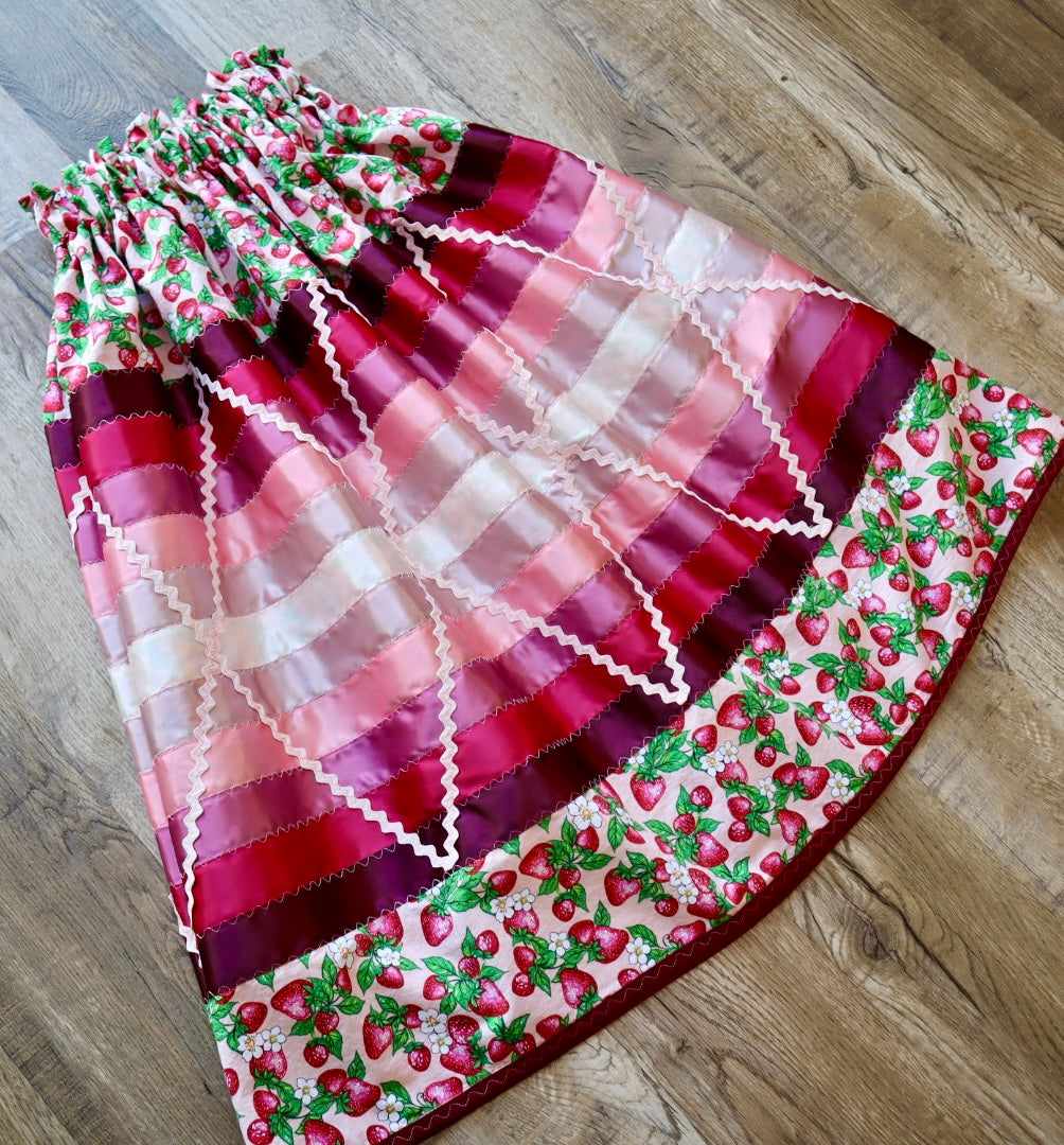 Couture Stacked Ribbon Pocket Womens RicRac Pink Strawberry Floral Print Premium Cotton Maroon Ombre OOAK Indigenous HandMade CustomWaist *up to 50 inches* (enter desired sizes waist size “inches” or Dress/Pants size in order notes)