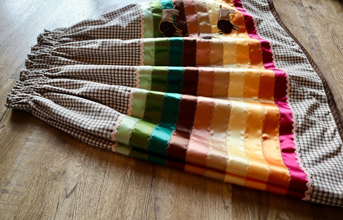 Couture Embroidered Stacked Bison Ribbon Skirt Pockets Womens Cream Plaid Cotton Earth Tones Ombre OOAK Indigenous HandMade *up to 50 inches* (enter desired sizes waist size “inches” or Dress/Pants size in order notes)