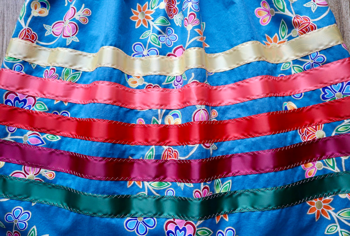 Handmade Ceremony, Casual Ribbon Skirt: Fire Tone Ombre, Blue Indigenous Floral Print, Custom Waist *up to 50 inches* (enter desired sizes waist size “inches” or Dress/Pants size in order notes)
