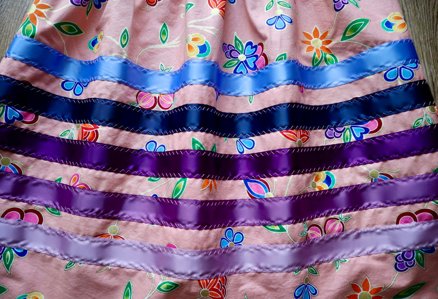 Handmade Ceremony, Casual Ribbon Skirt: Jewel Tones, Pink Floral Print, Custom Waist *up to 50 inches* (enter desired sizes waist size “inches” or Dress/Pants size in order notes)