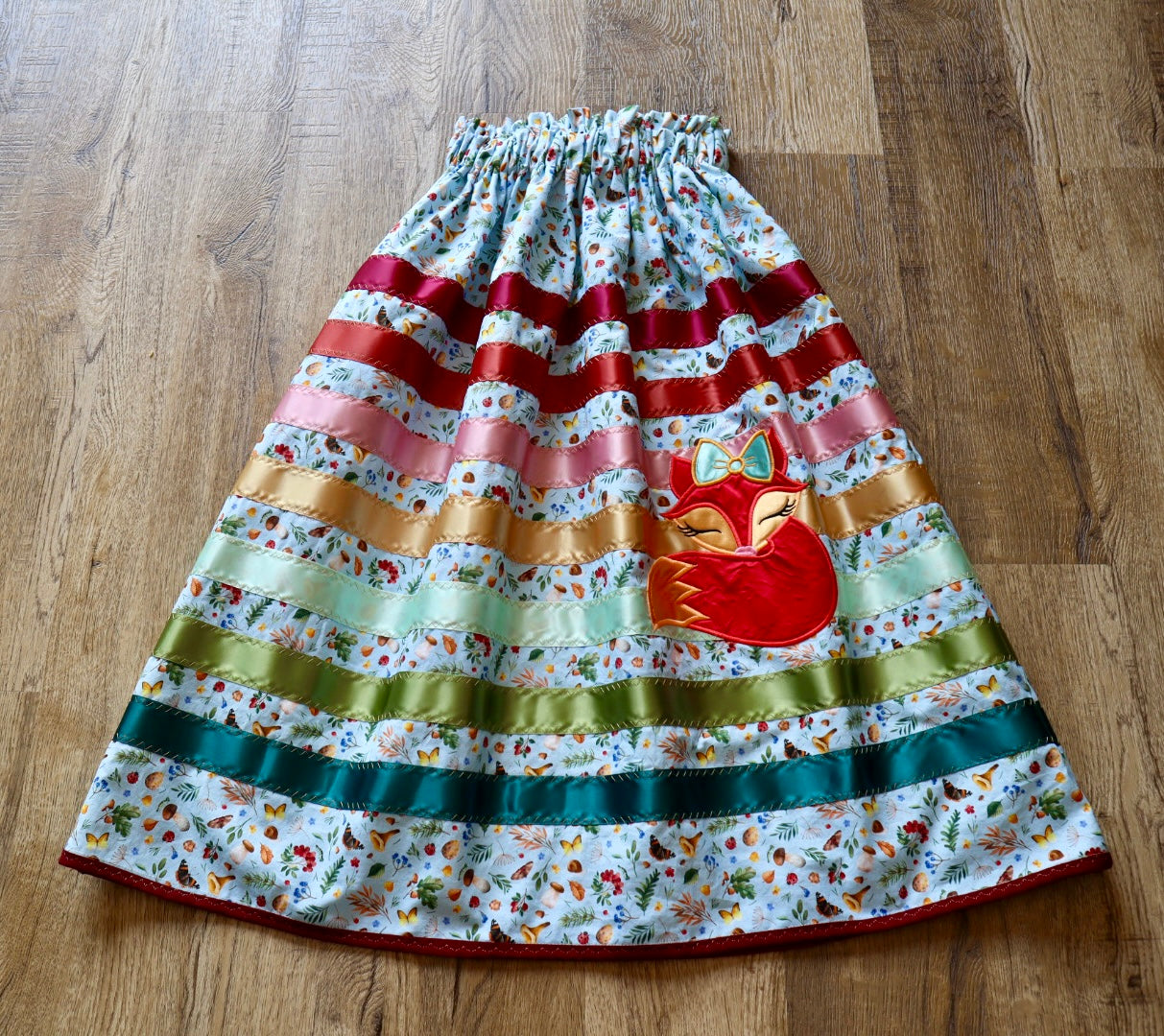 Couture Appliqué Ribbon Skirt Red Fox Pockets Womens Woods Floral Sky Blue Print Premium Cotton OOAK Indigenous HandMade Clothing CustomWaist *up to 50 inches* (enter desired waist size “inches” or Dress/Pants size in order notes)